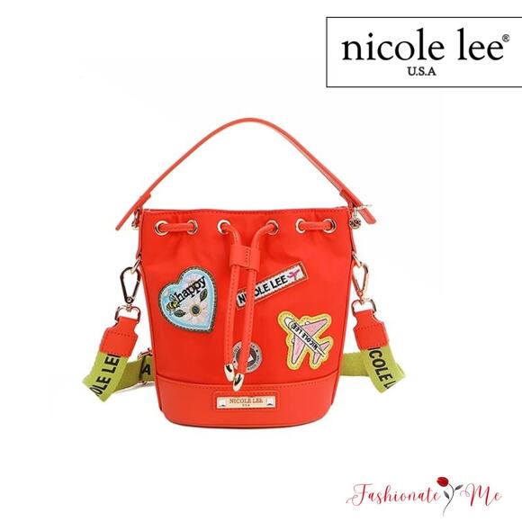 Nicole Lee USA Embroidered Color Patches Drawstring Closure Bucket Bag | Orange - Picture 1 of 15